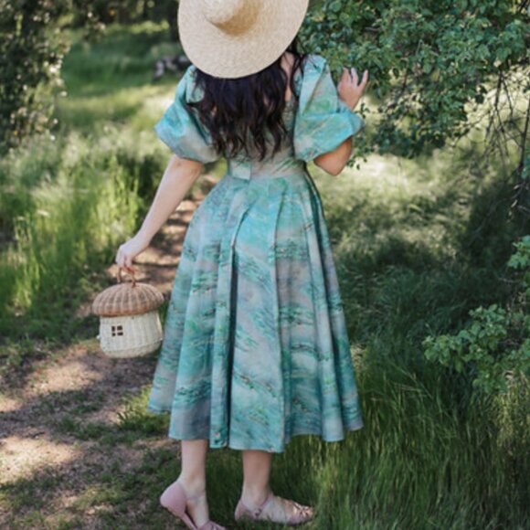 BEST Selkie The Water Lilies Day Midi Dress XSmall Green Cotton Party Cocktail - Picture 12 of 14